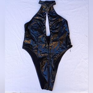 Black Halter Bodysuit Sexy Role Play Rave Fetish Gothic Lace up Lingerie Teddy